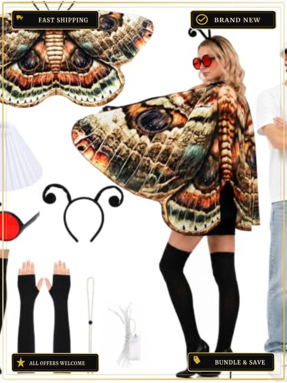 8 Pc Moth Lamp Costume Set Halloween Couple Cosplay Cape Headband Gloves